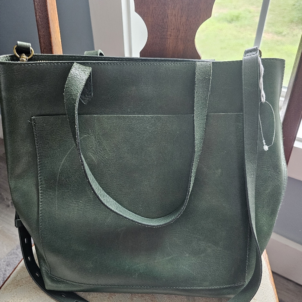 Green Leather Tote Bag with Front Pocket